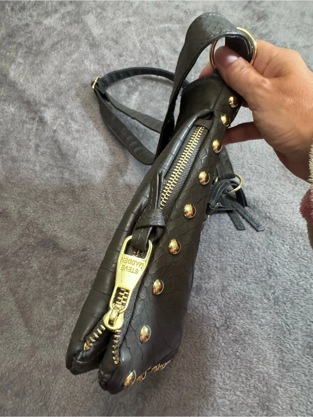 Steve Madden Black Snake-Embossed Crossbody with Gold Hardware